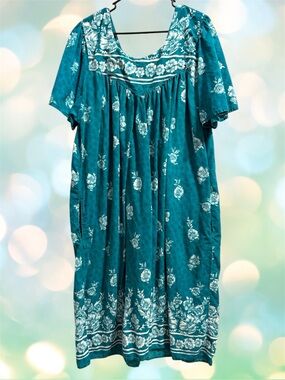 Daffodil Teal Floral Cotton Maxi Short Sleeve Dress with White Flowers - 3X
